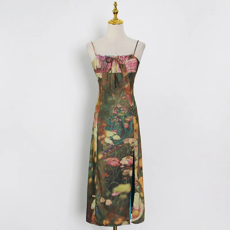 

Holiday Vintage Bandage Suspender Sexy Women Backless Long Dress Print Tube Split Long Dress Fashion Women Clothes Summer