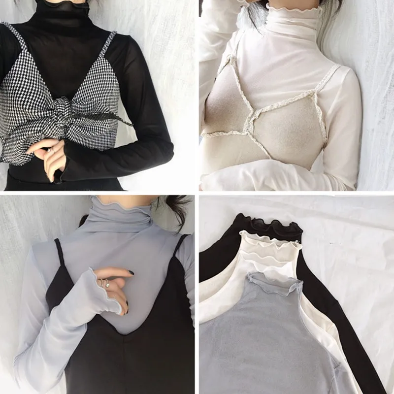 

Spring Autumn Korean Style Fashion Wild Solid Color Chiffon High Neck Long Sleeve Bottoming Top T-Shirt