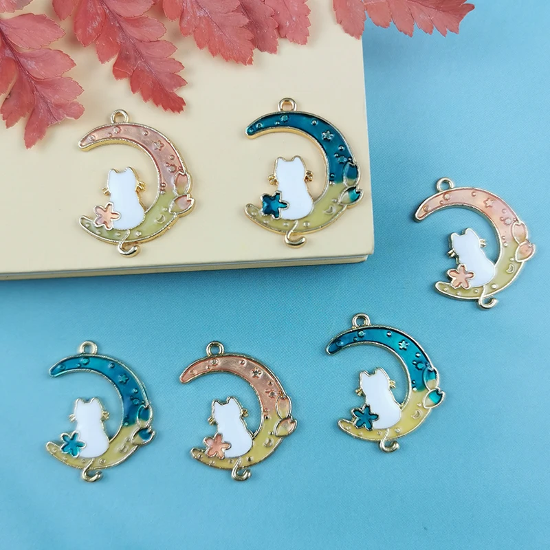 

JeQue 10pcs Moon Cat Connector Cats Sit On The Moon Enamel Charms Alloy Pendants Dangle DIY Jewelry Earring Necklace Accessories