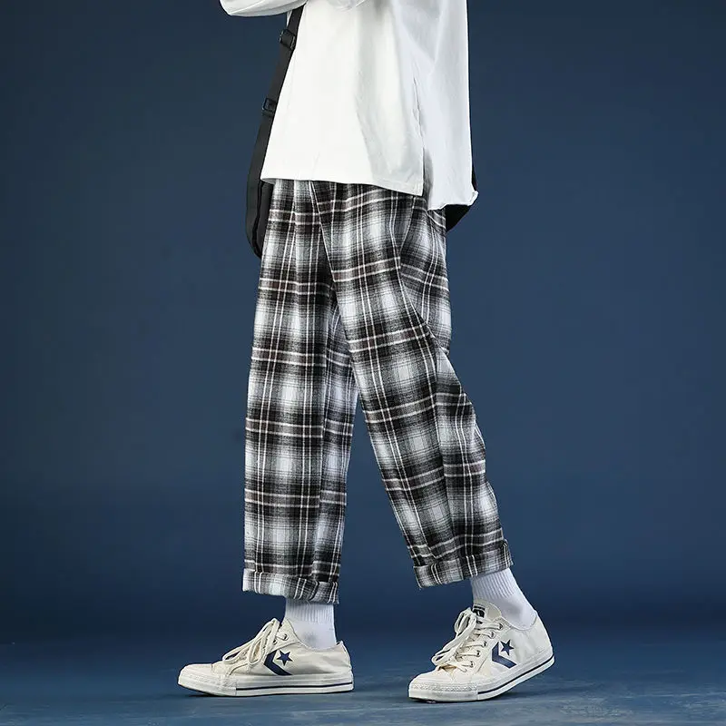 

Spring Summer Thin Plaid Pants Men's Fashion Retro Casual Pants Men Streetwear Wild Loose Drawstring Straight Trousers Mens