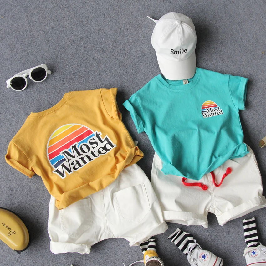 

Рост 90 до 130 см, новинка 2020 года, летняя футболка с короткими рукавами и круглым вырезом для мальчиков, с рисунком и надписью модная Стильная ...