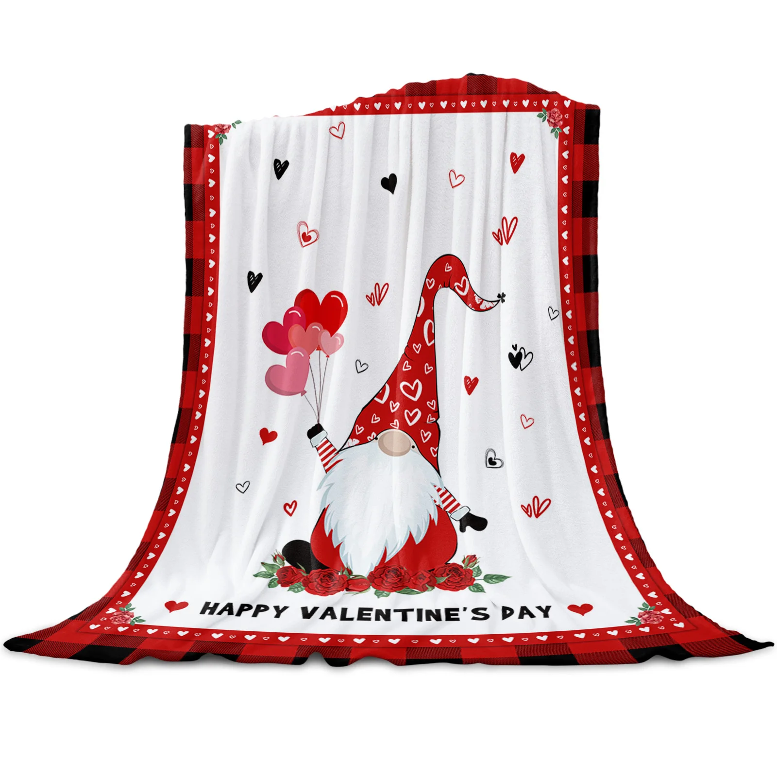 

Happy Valentine'S Day Plaid Gnome Throw Blanket Soft Picnic Blanket Home Decor Microfiber Flannel Blankets for Beds