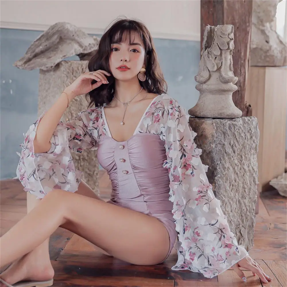 

Женский слитный купальник-бикини, сетчатый купальный костюм, монокини с принтом, пляжная одежда с длинным рукавом, 2020