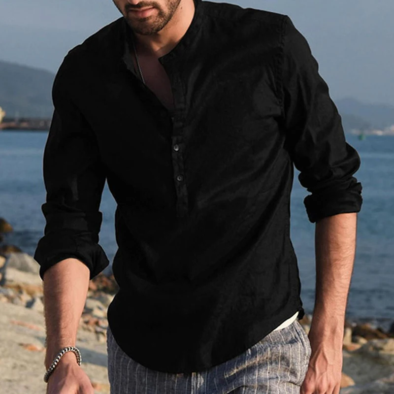 Рубашка Мужская льняная с воротником-стойкой Повседневная блузка свободного