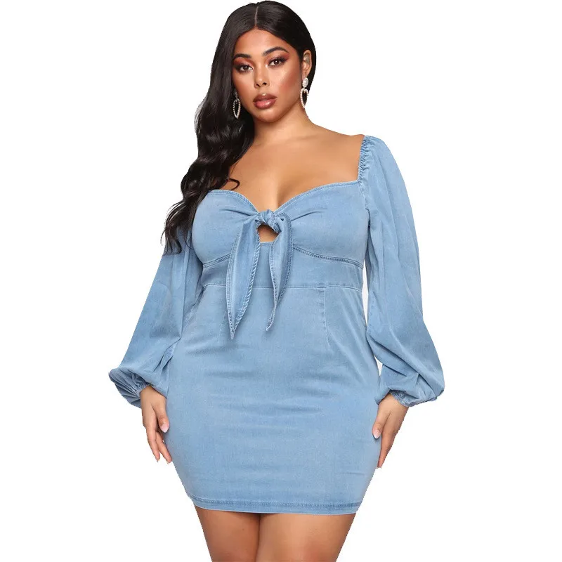 

Newest Women Solid Sexy Denim Party Dress 2021 Autumn Lady Big Size Square Collar Lantern Sleeve Lace-up Bodycon Mini Dresses