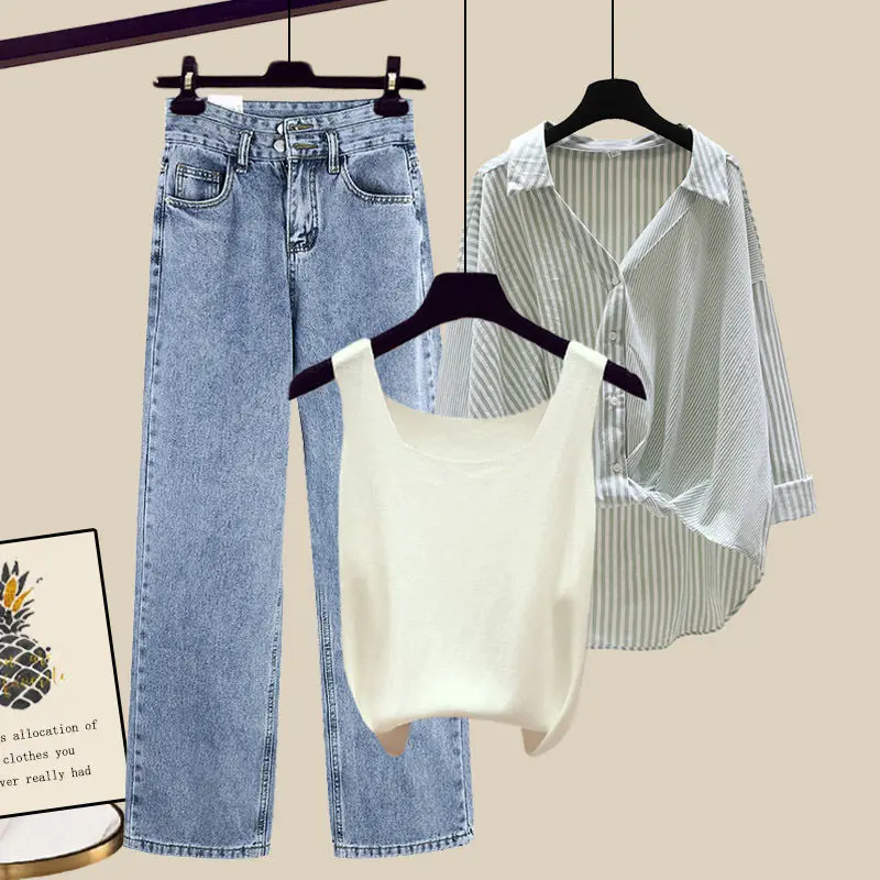 Женский костюм-тройка из блузки в полоску и джинсов с высокой талией свободный T181