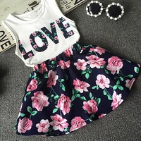 girls sleeveless love letters printed vest tops floral skirt two piece set