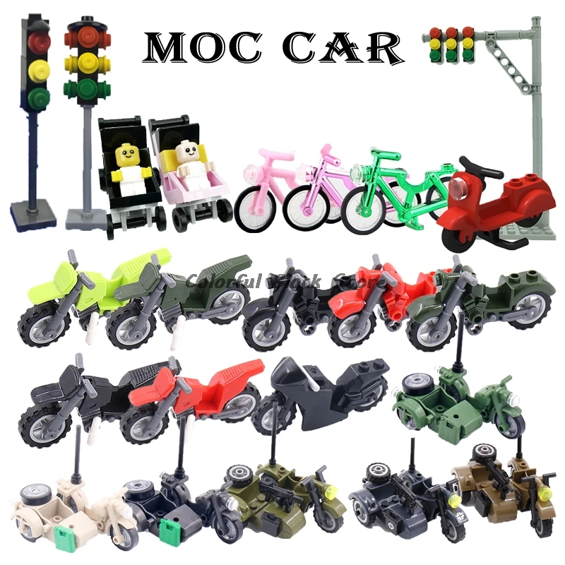 City Street View Traffic Road Traffic Lights Vehicles Motorcycles Electric Bicycles Bicycle Stroller Building Block Toy Kid Gift