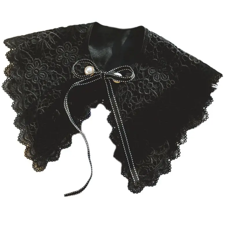 

Womens Embroidery Floral Lace False Fake Collar Hollow Out Crochet Half Shirt Imitation Pearl Beaded Necklace Shawl