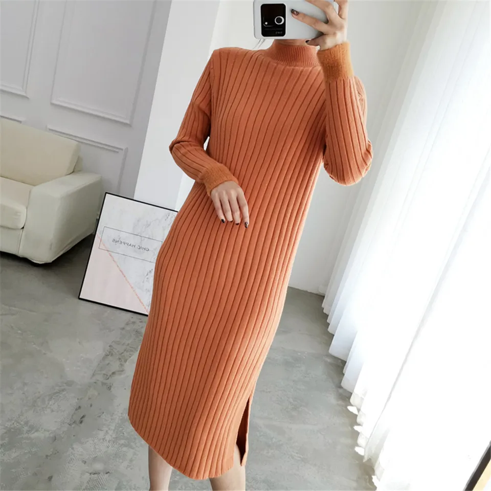 Раздельное однотонное платье с круглым вырезом и длинным рукавом Vestido, милое зимнее трикотажное платье, Осеннее женское элегантное платье, новинка года, модное тонкое мягкое женское платье