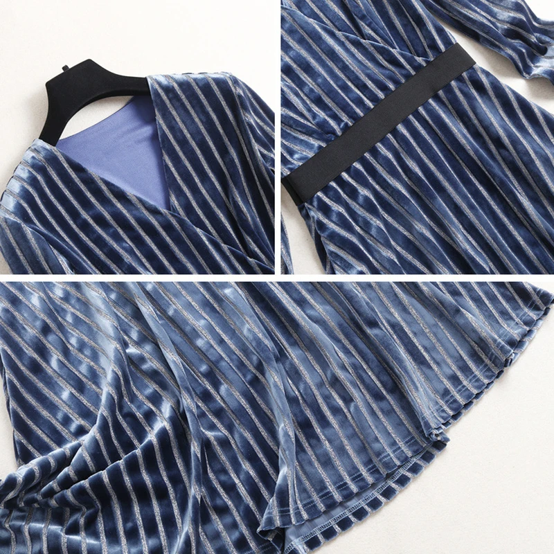 

2021 New Spring Striped Velvet Dress Office Lady Elastic Waist Light Blue Pleuche V Neck Long Skirt Women