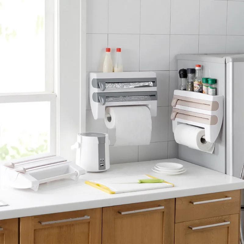 

Organizer for Kitchen 4 in1 Wall-Mount Paper Towel Holder Sauce Bottle Storage Film Cutter Tin Foil Rack Kitchen Organization