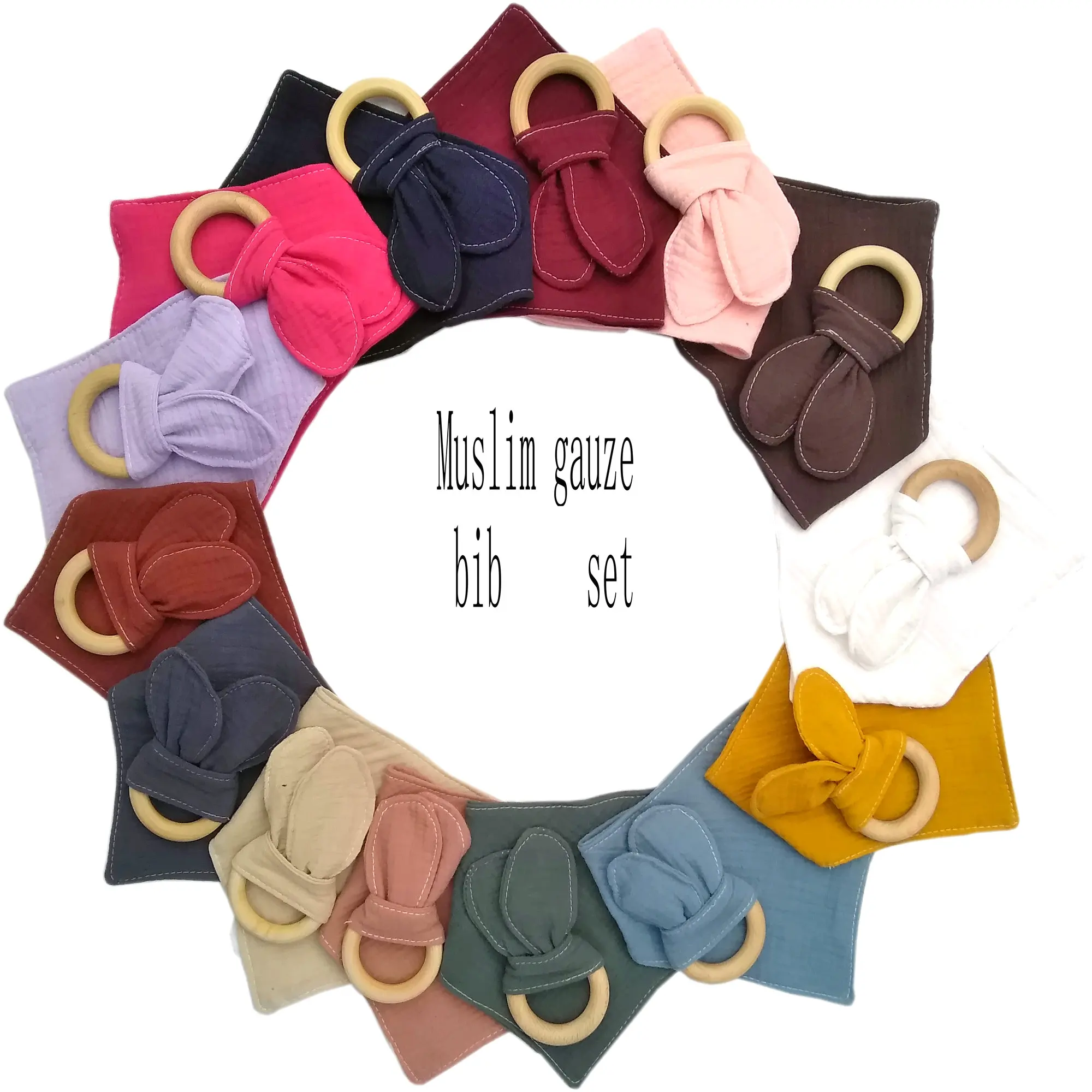 Bunny Ear Teether and bibs set fabric teether wooden teething ring with crinkle material | Детская одежда и обувь