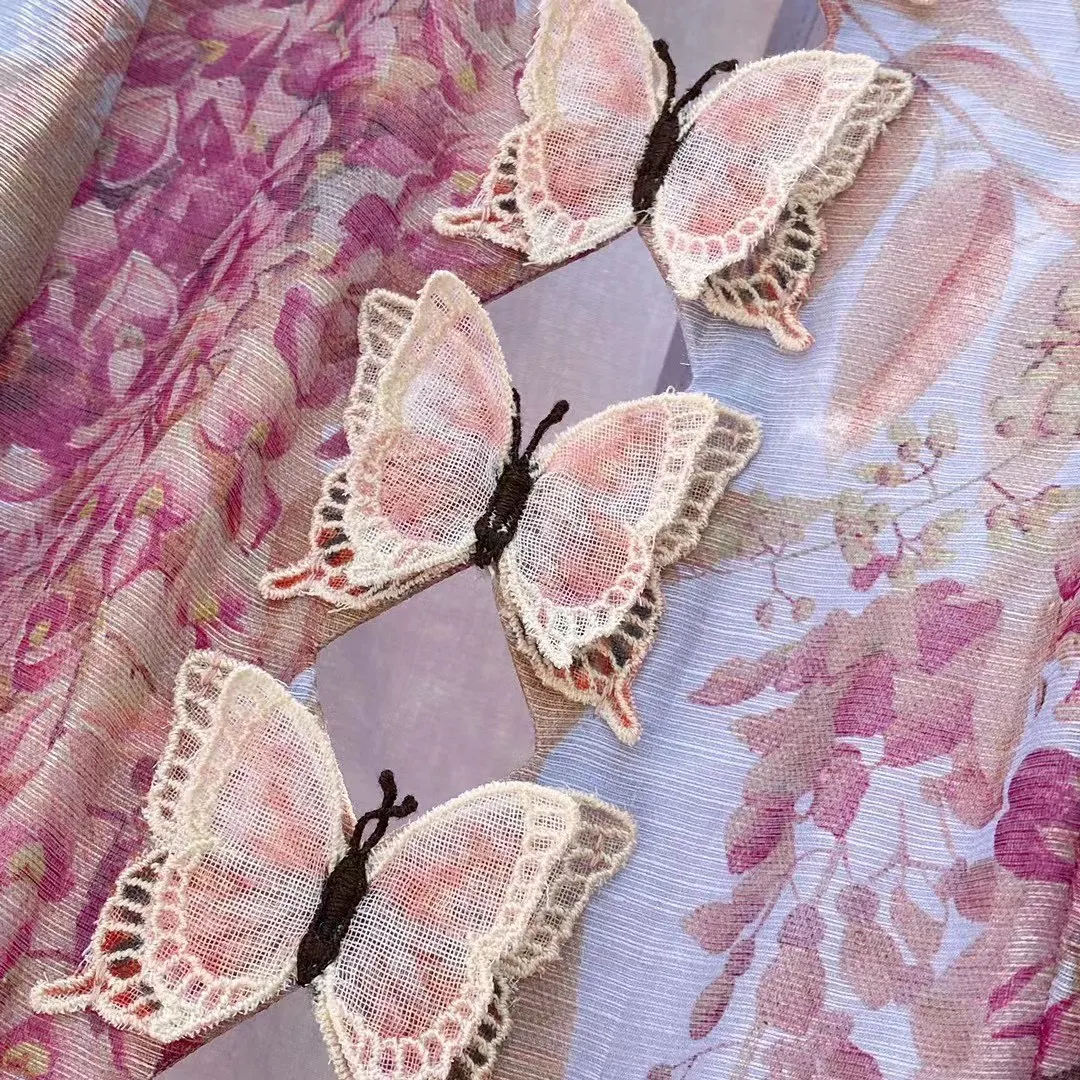 

2021 New Silk Linen Dress Fresh and Elegant Pink Gradient Flower Printing Three-dimensional Butterfly Applique Decorative Dress