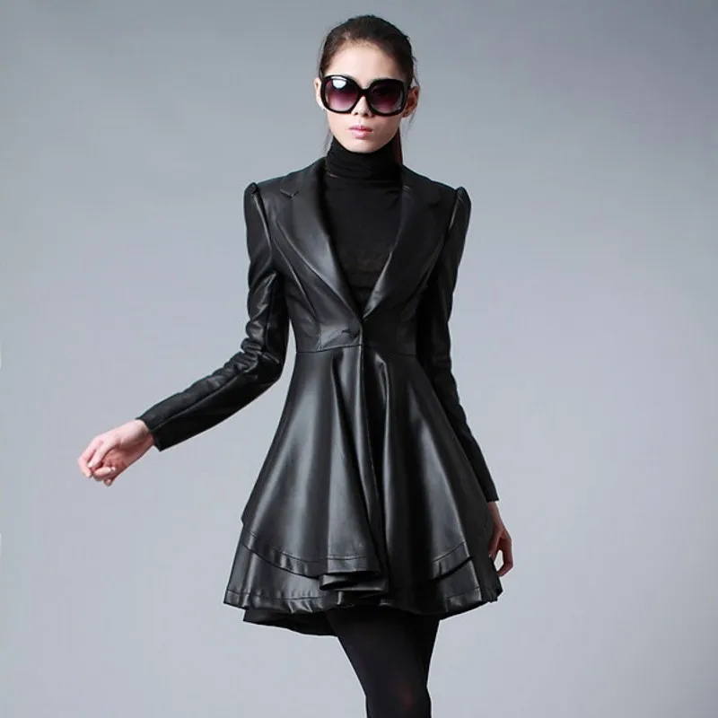 

Autumn Winter Women's Medium-Long PU Clothing Leather Coat Large Fur Collar Slim Leather Outerwear Office Lady Dress Jacket