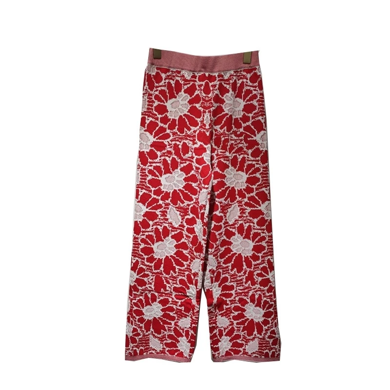 

Knitted 2020 Flower Wide Leg Pants Casual Straight Spring Summer Trousers Elastic Waist Female Casual Loose Pant