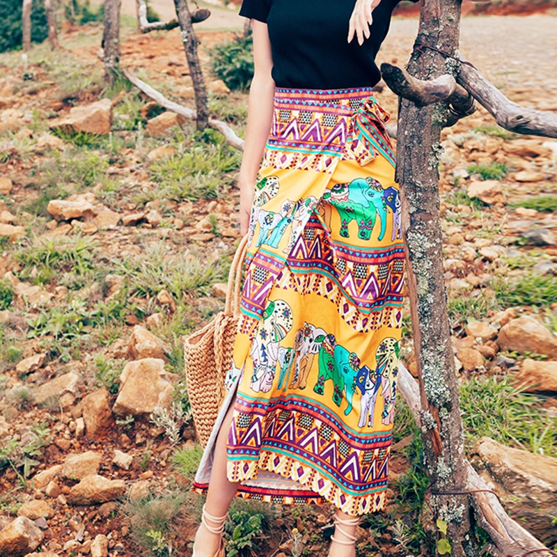 Женская желтая юбка на шнуровке с животным принтом PERHAPS U Пляжная миди лето для