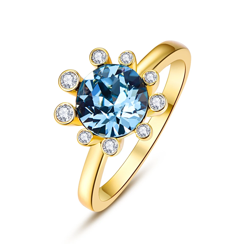 Кристаллы от Swarovski Glod цветные кольца Цветы для женщин элегантное кольцо Новая мода Роскошные женские кольца Свадебные украшения - Цвет основного камня: Crystal Aquamarine