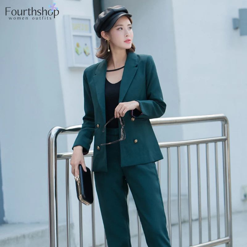 2020 Модный женский костюм двубортный брючный Осень-зима комплект из 2 предметов