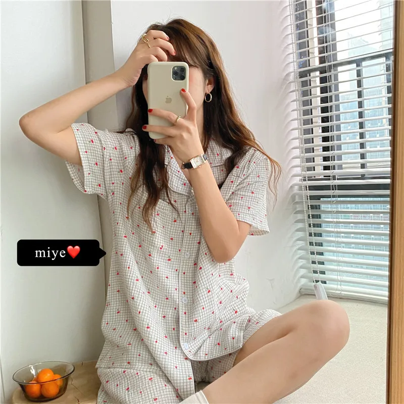 157 Summer Double layer Cotton Linen Plaid Cherry Print Pajama Set ladies pajamas suit Pyjamas Shorts pajamas women's homewear