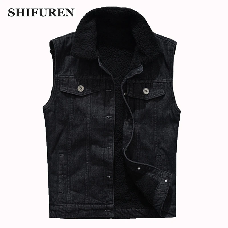 

SHIFUREN Cotton Jeans Vest Men Sleeveless Black Denim Jacket Winter Warm Male Fleece Cowboy Waistcoat Hip Hop Streetwear