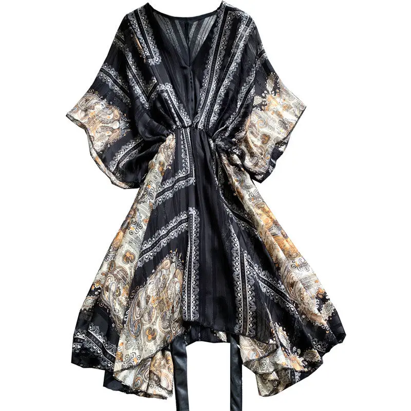 

4XL Plus Size 2021 Summer Women Chiffon Dress New Foreign Style V-Neck Temperament Goddess French Flashing Floral