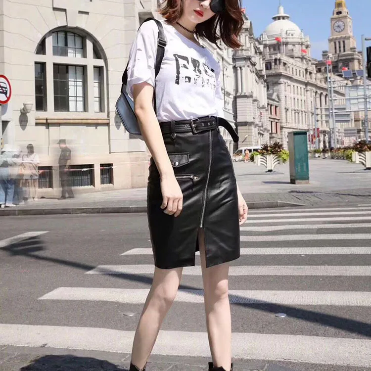 

Womens Waist Genuine Leather Skirt Ladies Real Skeepskin High Quality Front Zipper Runway Street Designer Straight Skirts