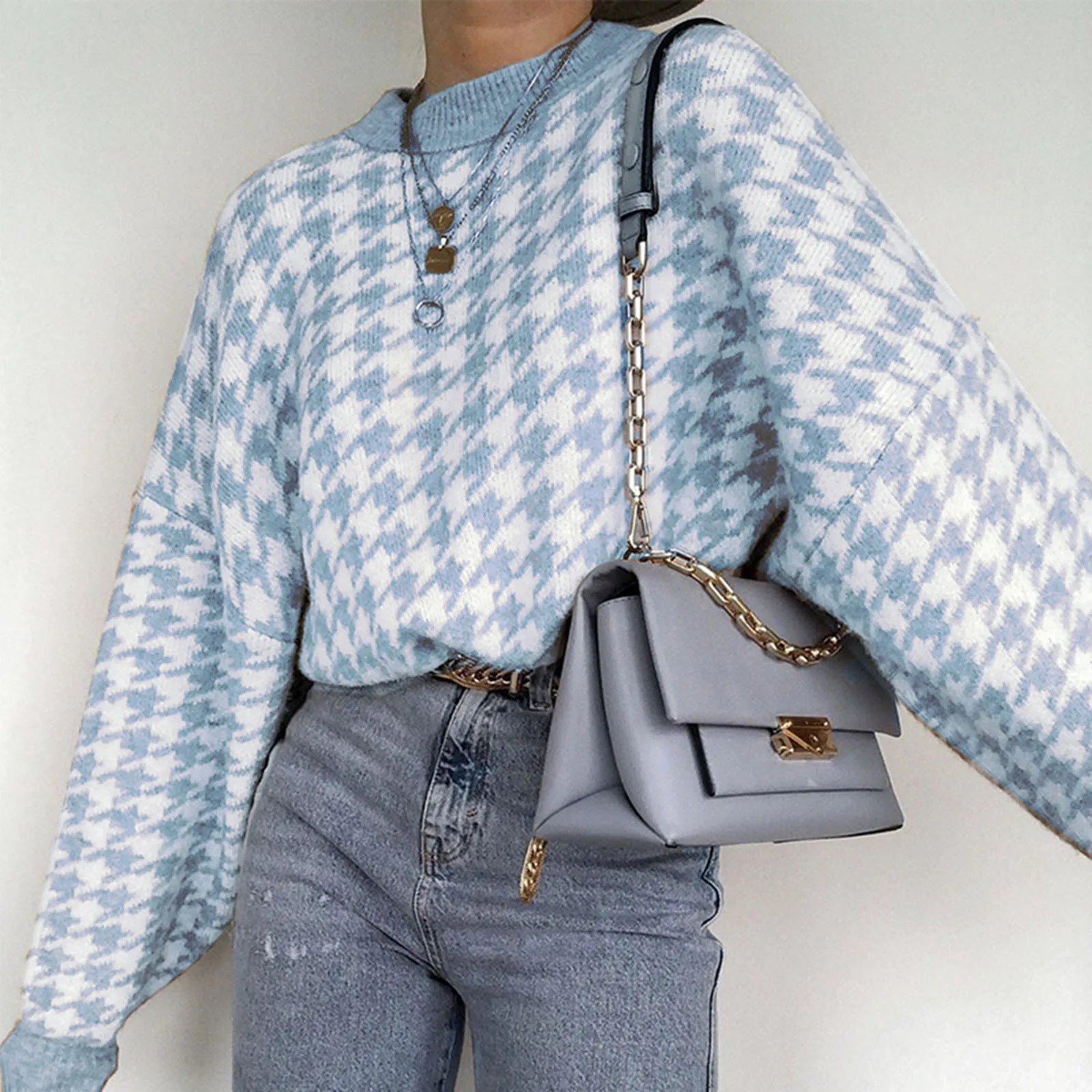

Women's Sweater Autumn Winter Retro Round Neck Casual Loose Geometric Houndstooth Printed Long Sleeve Pullover Tops