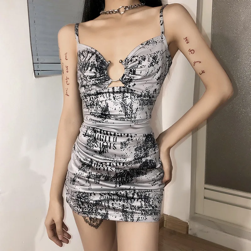 

Retro Dresses For Women Summer Party Wedding French Dress 2021 New Fashion Printed Camisole Sexy Mujer Cut Out Slim Mini Dress