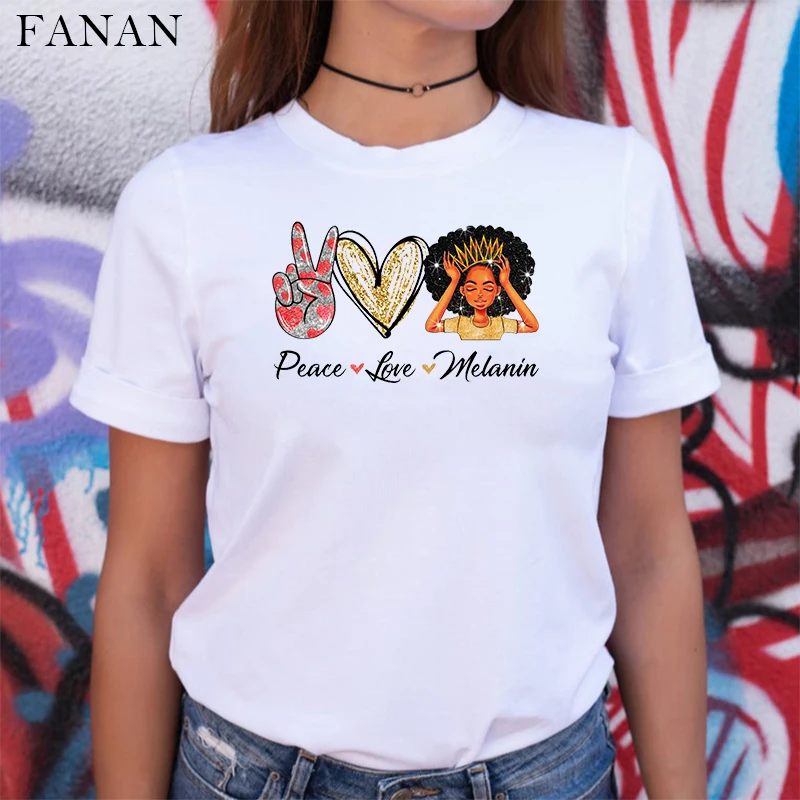 

T shirt Women 2020 Summer Peace Love Melanin Black Queen Afro Print Tshirts Aesthetic Harajuku T-shirts Fashion Street Clothing