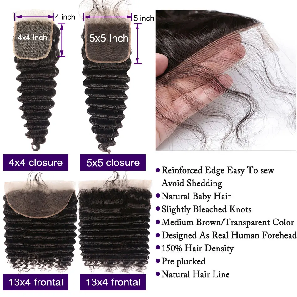 Свободная глубокая волнистая пряди с фронтальной бразильской волос 4X4 кружевной