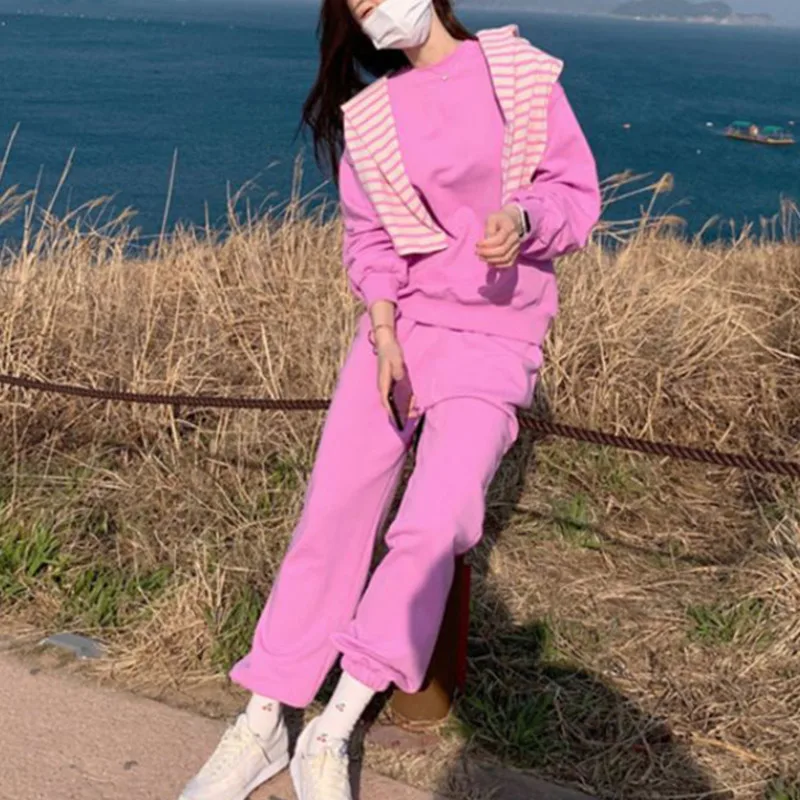 

Casual Women Sports Pant Suits 2021 Long Sleeve O-neck Pullover Sweatshirt Tie Feet Cotton Sweatpants Fashion Solid Pants Sets