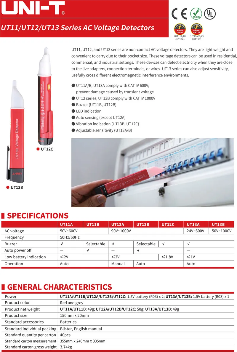 UNI-T UT12A/UT12B/UT12C/UT12D/UT13A/UT13B детекторы напряжения переменного тока; Бесконтактный электроскоп