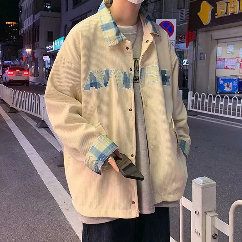 

College Style Corduroy Baseball Jackets Men Lining Uniform Coats Letter Patchwork Women Couples Lapel Spring Autumn Streetwear