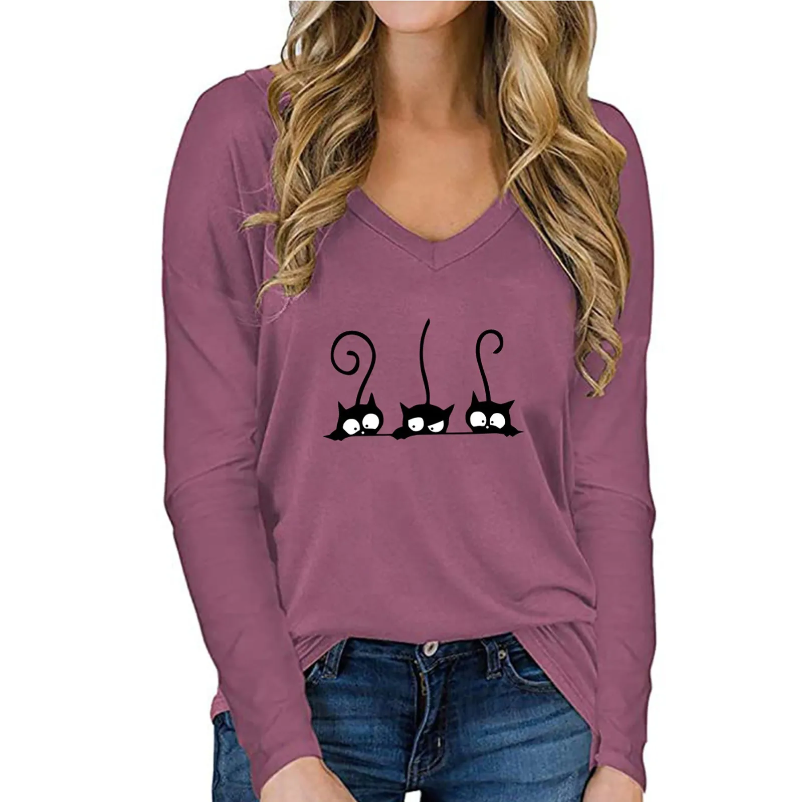 

Women's Casual Fashion Loose Print V-neck Long-Sleeved T-shirt Women Womens Autumn Warm Streetwear Pullovers Thick Hoodie