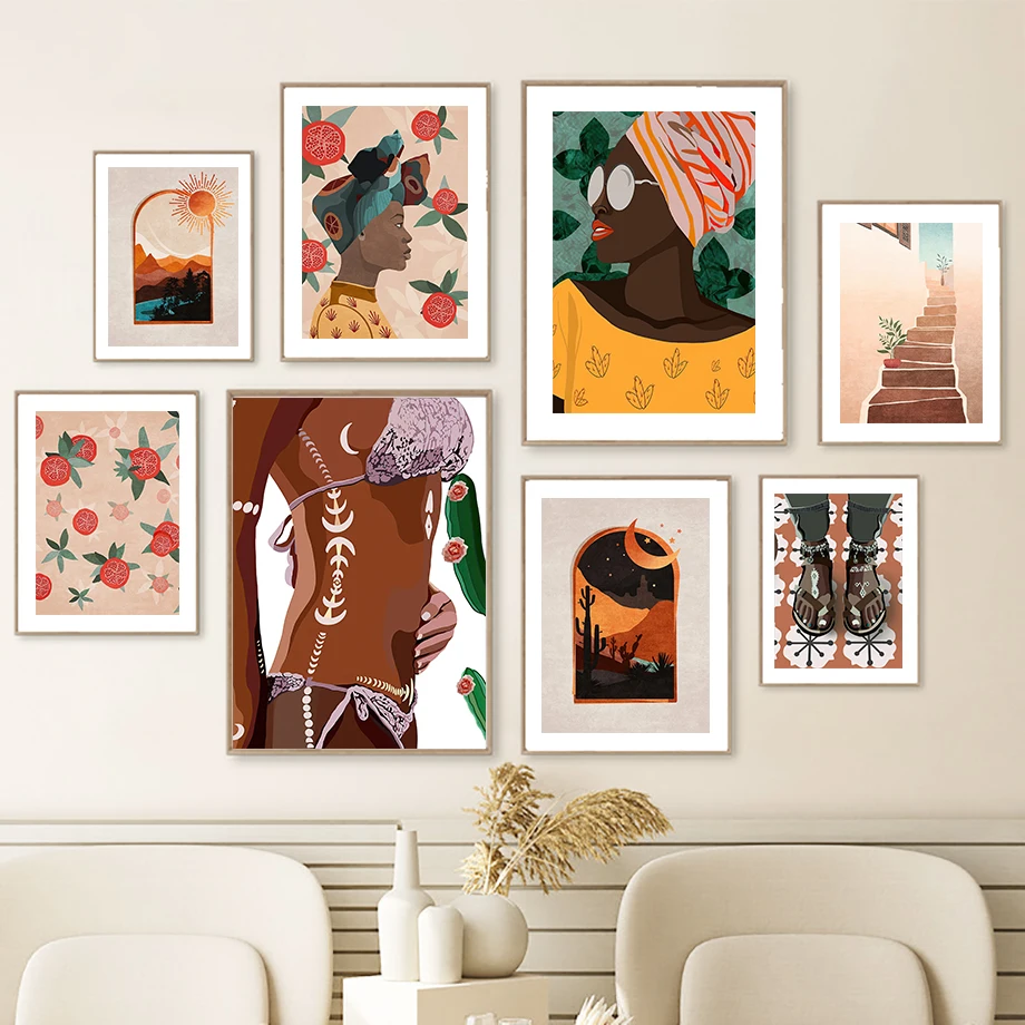 Плакаты и принты в тропическом стиле с черным цветочным шарфом для девочек