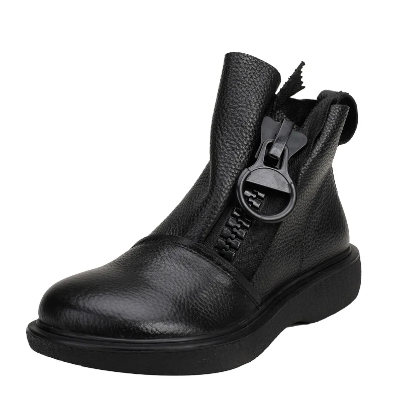 

2021 autumn and winter new genuine leather solid color round toe mid-heel side zipper women's high-quality short boots