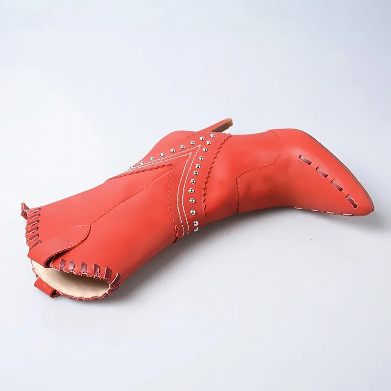 Женские ботинки до середины икры красные полусапожки из натуральной воловьей