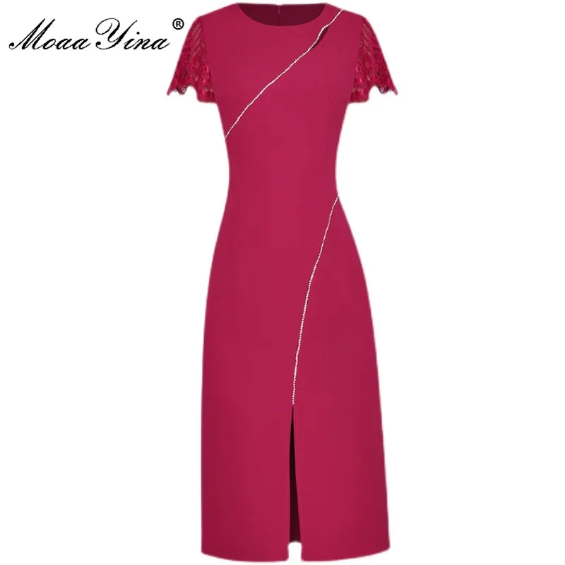 

MoaaYina 2021 модное подиумное летнее платье-футляр женское комбинированное кружевное платье средней длины с коротким рукавом и бисером