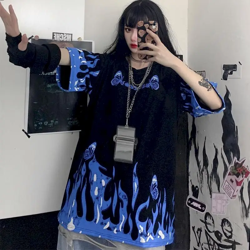 Футболка в Корейском стиле Harajuku темноте бабочки принт пламя свободно