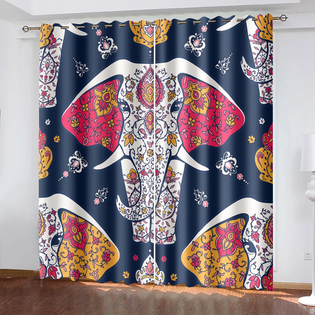

Bohemian Elephant Printed Woven Curtains Two Independent Curtains on The Left and Right Blackout Curtains for Bedrooms