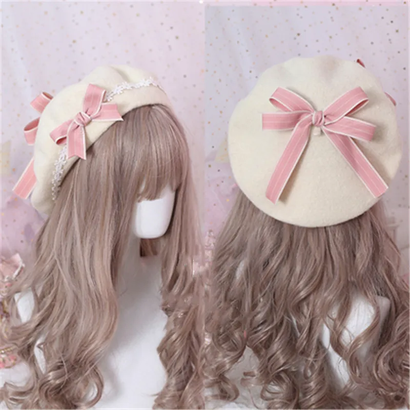 Japanese Handmade Kawaii Wave Pattern Bow Hair Ball Beret Biscuits Soft Girl LOLITA Handmade Bud Hat Cosplay Christmas Gift Mori