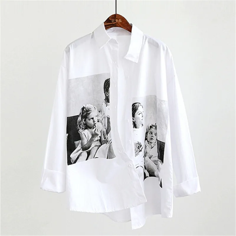 white color girls Neploe/Повседневная Свободная рубашка с принтом персонажей из мультфильма, весна-лето, однотонная белая блузка с отложным воротником, Harajuku, Корейская блуза 69669 - Цвет: white color girls