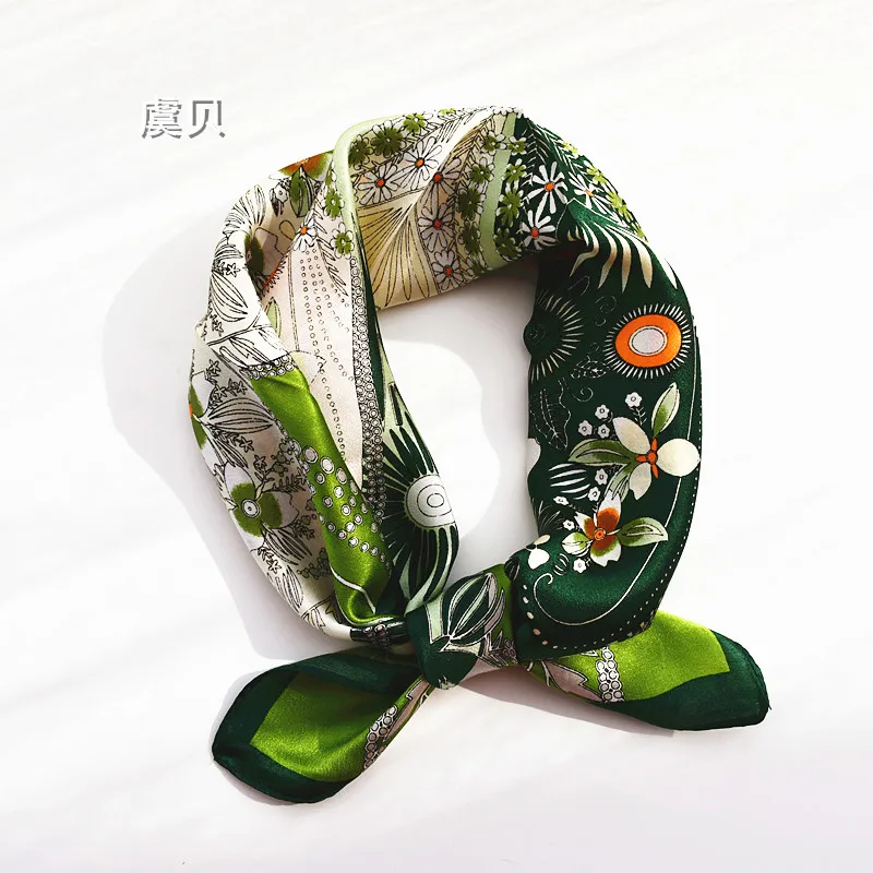 

Grass green natural silk scarf for women printed with leaves 100% real silk scarves small 50cm square handkerchief gift for lady