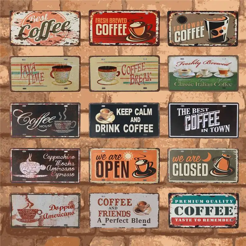 

Car License Home Decorative Sign Vintage Fresh Best Coffee Pictures Metal Tin Sign A perfect Blend For Bar Java Time