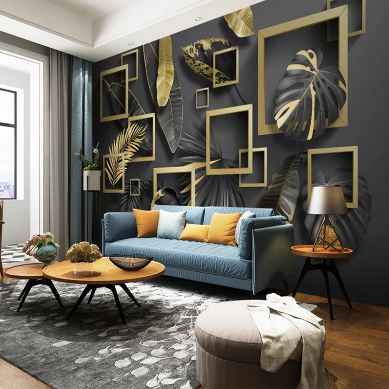 

Sticker Wallpaper Nordic Modern Golden Leaves Tropical Plants 3d Geometric Luxury Self-adhesive Wallpaper Wall Mural