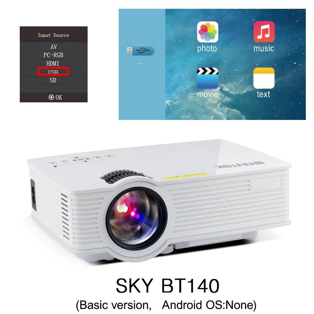 BT140 BYINTEK SKY BT140/BT140plus/BT140android светодиодный мини-проектор HD Домашний кинотеатр(дополнительно: беспроводной дисплей для Iphone смартфона - Цвет: BT140
