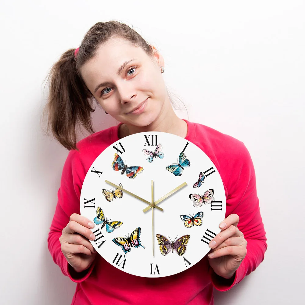 Яркие Красочные бабочки с римскими цифрами современные настенные часы кухня