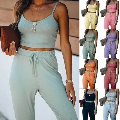 

Women Clothes 2Pcs Outfit Set Sport Fitness Set Solid Sleeveless Round Neck Crop Tops High Waist Long Pants Set Female Outfits