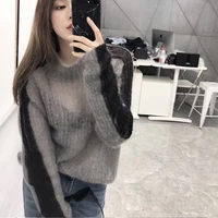 zoulv 2021 spring autumn thin sweater women high neck patchwork grey knitted sweater pullover transparent pull femme fashion